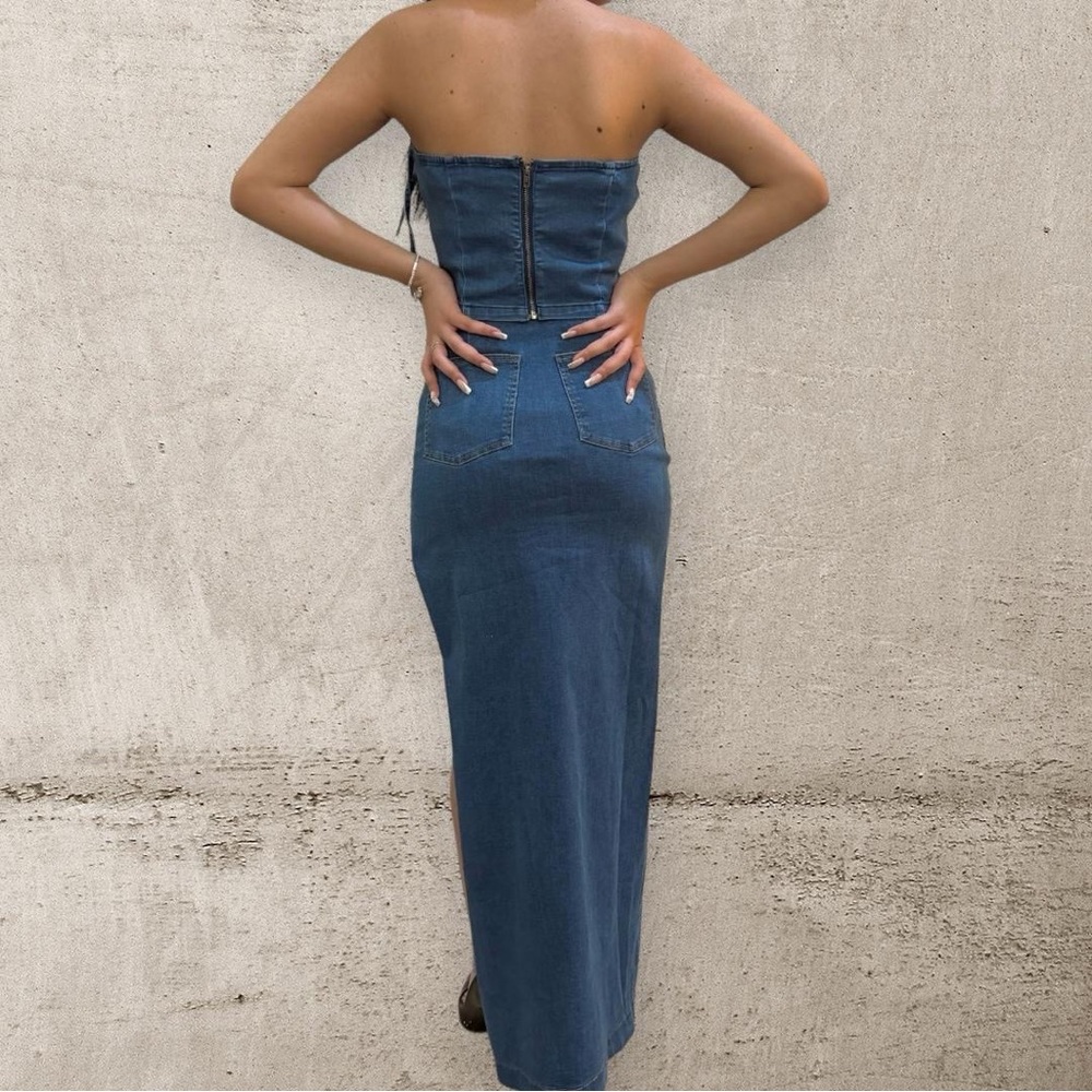 Denim Set High Waist Maxi Skirt Side Slit and cropped top Size M - Picture 3 of 13